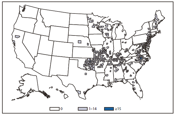 EHRLICHIOSIS - This figure is a map of the United States that presents the number of Ehrlichiosis (Ehrlichia chaffeensis) cases by county in 2010.